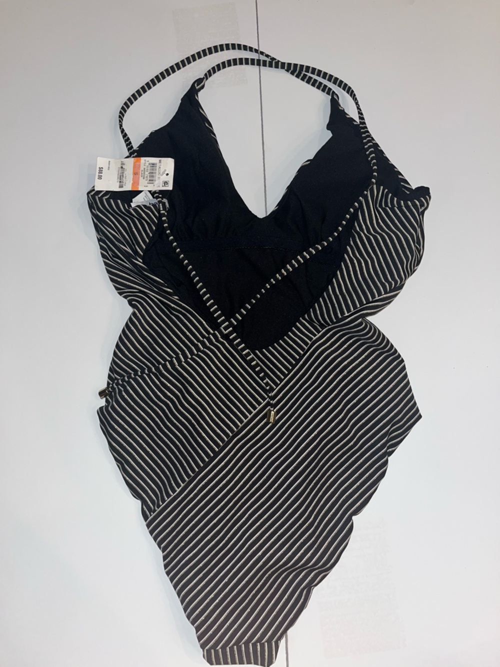 Bar III Black Metallic Striped V-Neck One Piece Maillot Swimsuit Backless S NWT - Picture 6 of 9